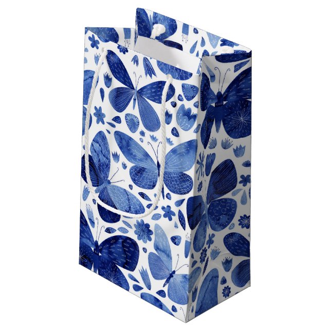 Butterflies Watercolor Indigo Blue Small Gift Bag (Back Angled)