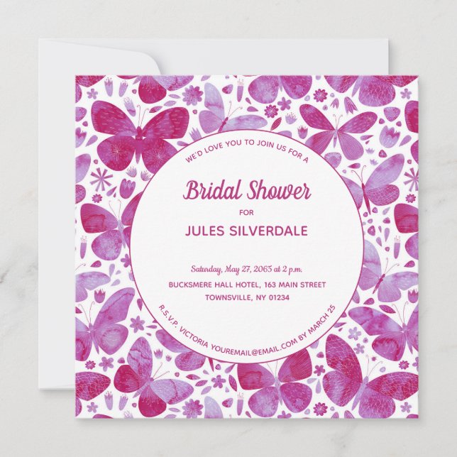 Butterflies Watercolor Magenta Pink Bridal Shower Invitation (Front)