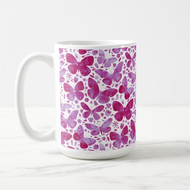 Butterflies Watercolor Magenta Pink Coffee Mug (Left)