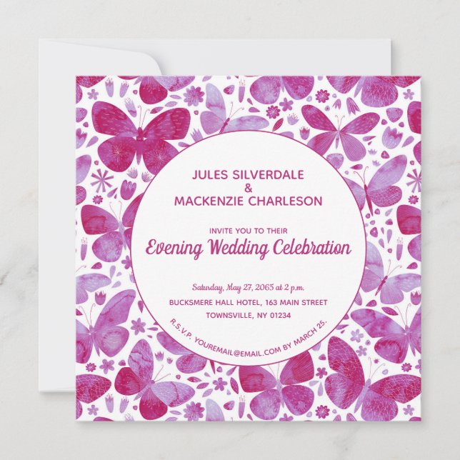 Butterflies Watercolor Magenta Pink Evening Invitation (Front)