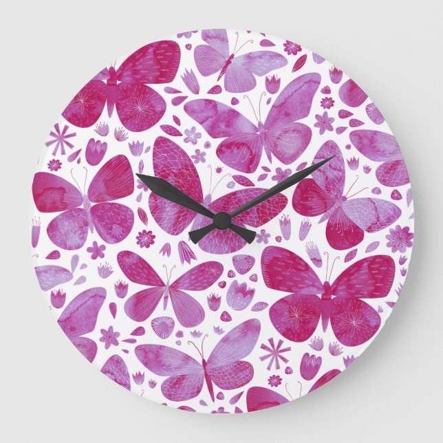 Butterflies Watercolor Magenta Pink Large Clock (Front)