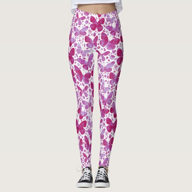 Butterflies Watercolor Magenta Pink Leggings (Front)