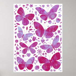 Butterflies Watercolor Magenta Pink Poster