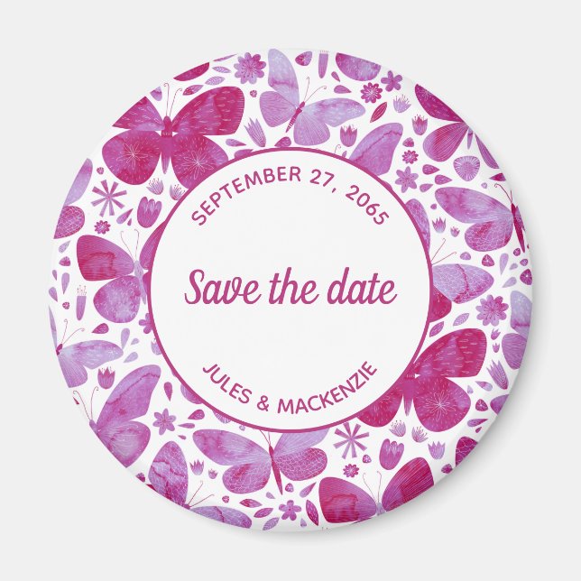 Butterflies Watercolor Magenta Pink Save the Date Magnet (Front)
