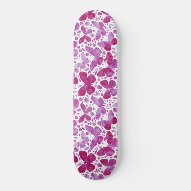 Butterflies Watercolor Magenta Pink Skateboard (Front)