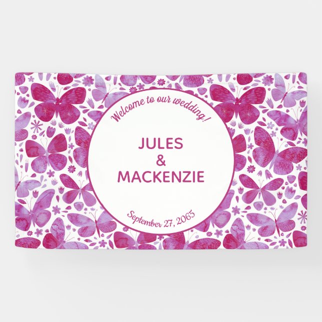 Butterflies Watercolor Magenta Pink Wedding Banner (Horizontal)