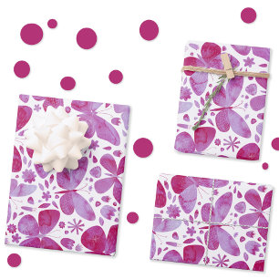 Butterflies Watercolor Magenta Pink Wrapping Paper Sheet