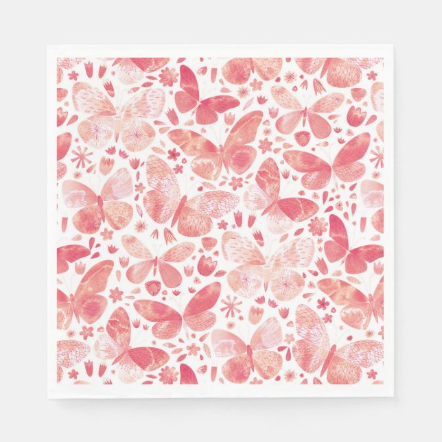 Butterflies Watercolor Modern Coral Pink Napkin (Front)