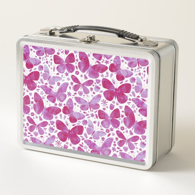Butterflies Watercolor Pink Metal Lunch Box (Front)