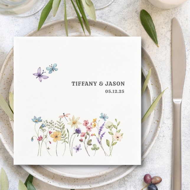 Butterflies Watercolor Wildflower Floral Wedding  Napkin (Creator Uploaded)
