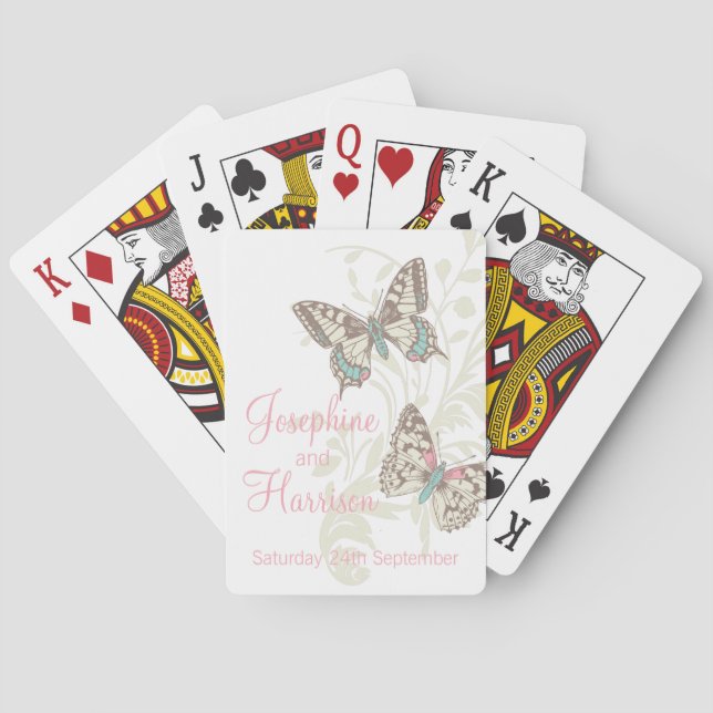 Butterflies wedding name & date playing cards (Back)