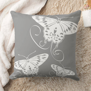 Butterflies White Grey Pattern Cushion