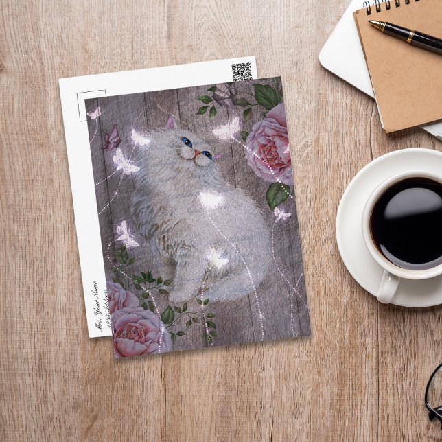 Butterflies White Kitty Cat Floral Postcard (Creator Uploaded)