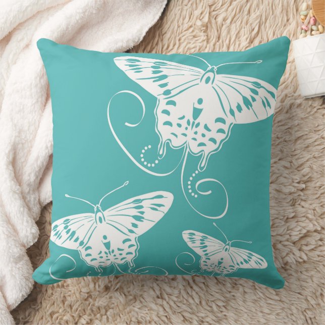Butterflies White On Teal Pattern Cushion (Blanket)