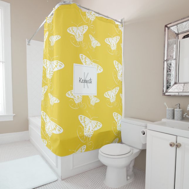 Butterflies White On Yellow Pattern With Name Shower Curtain (In Situ)
