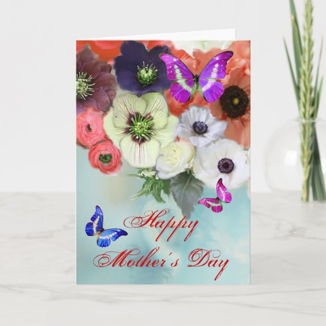 BUTTERFLIES ,WHITE RED  ROSES AND ANEMONE FLOWERS CARD (Front)