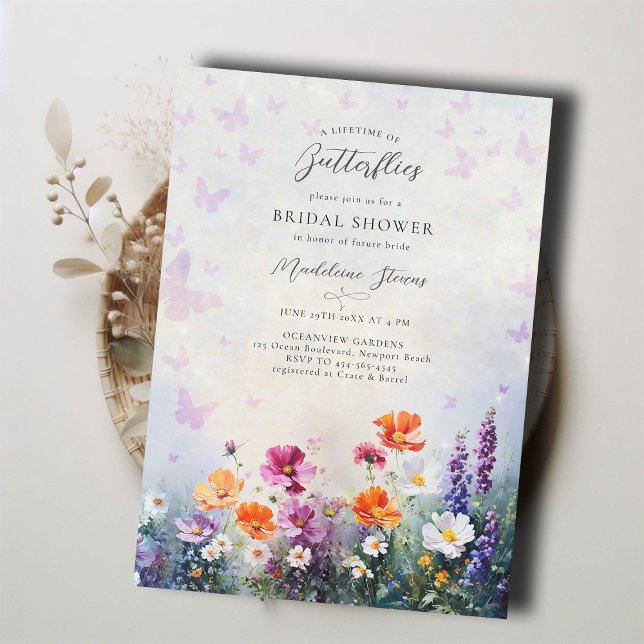 Butterflies Wildflowers Lilac Garden Bridal Shower Invitation (lifetime butterflies bridal shower invitation brunch tea pink purple mauve lilac wildflowers garden )