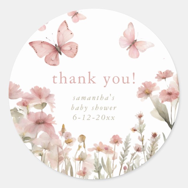 Butterflies wildflowers spring baby shower floral classic round sticker (Front)