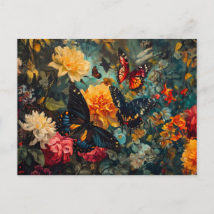 Butterflies with Dahlias and Roses Garden Illustra Postcard