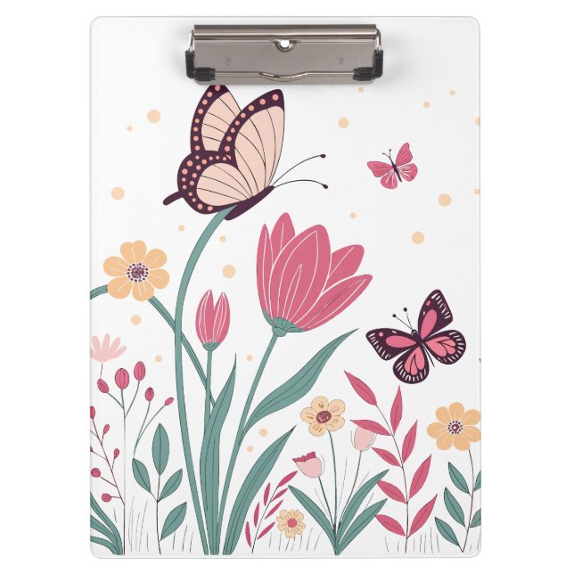 Butterflies with Pink Tulips and Yellow Daisies Clipboard (Front)