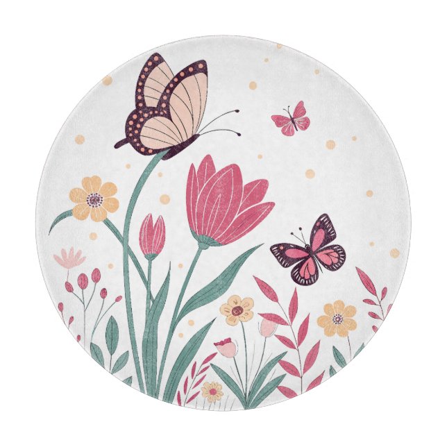 Butterflies with Pink Tulips and Yellow Daisies Cutting Board (Front)