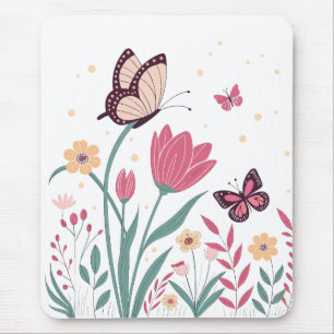 Butterflies with Pink Tulips and Yellow Daisies Mouse Mat