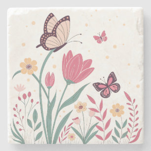 Butterflies with Pink Tulips and Yellow Daisies Stone Coaster