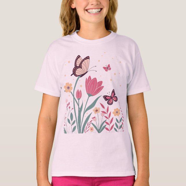 Butterflies with Pink Tulips and Yellow Daisies T-Shirt (Front)