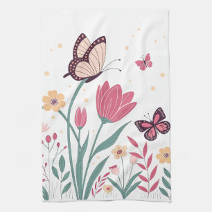 Butterflies with Pink Tulips and Yellow Daisies Tea Towel