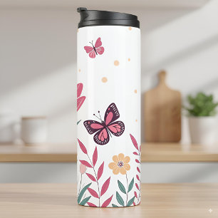 Butterflies with Pink Tulips and Yellow Daisies Thermal Tumbler
