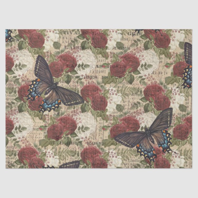 Butterflies with Red and White Roses Decoupage Tissue Paper (Front)