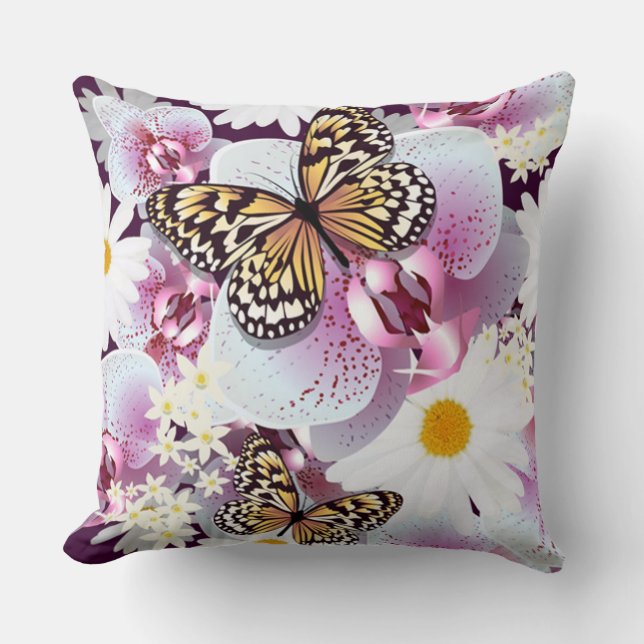Butterflies With White And Purple Flowers Cushion (Front)