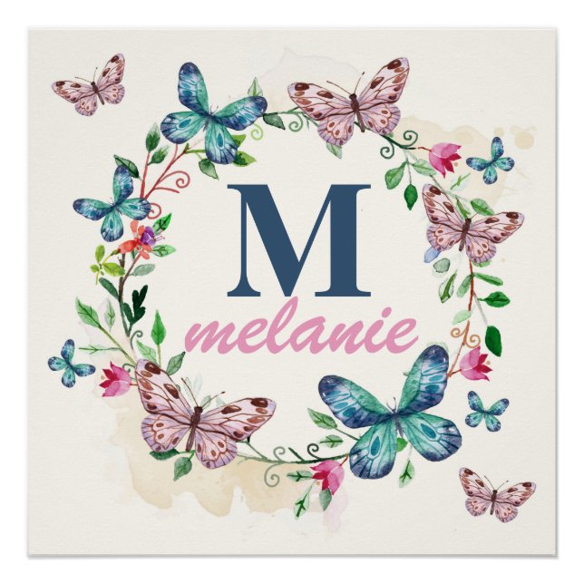 Butterflies wreath girls room sign with monogram (Front)