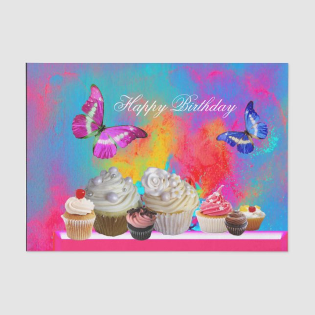 BUTTERFLIES YUMMY CUPCAKES,COLORFUL BIRTHDAY   TISSUE PAPER (Front)