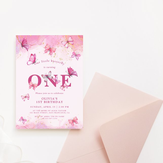 Butterfly 1st Birthday Baby Girl Pink Gold Dust Invitation (Creator Uploaded)