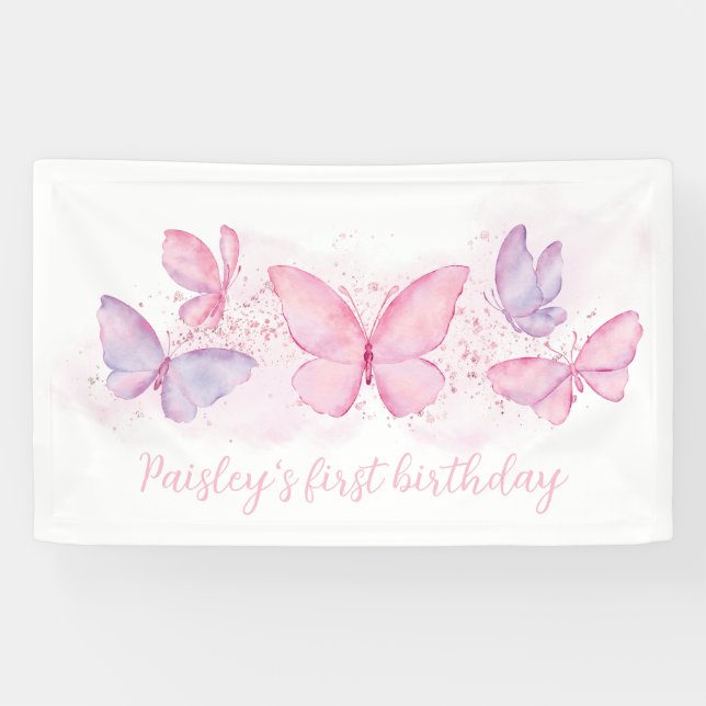 Butterfly 1st Birthday Banner Pink Purple Girl  (Horizontal)