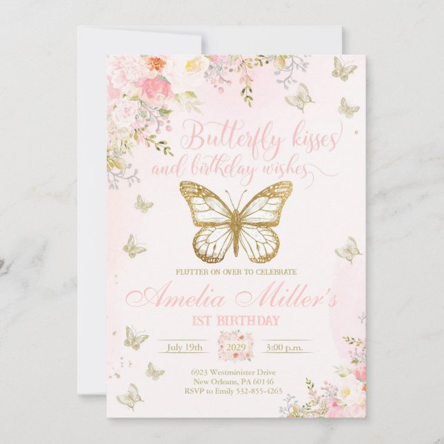 Butterfly 1st Birthday, Girls First Birthday Invitation (Front)
