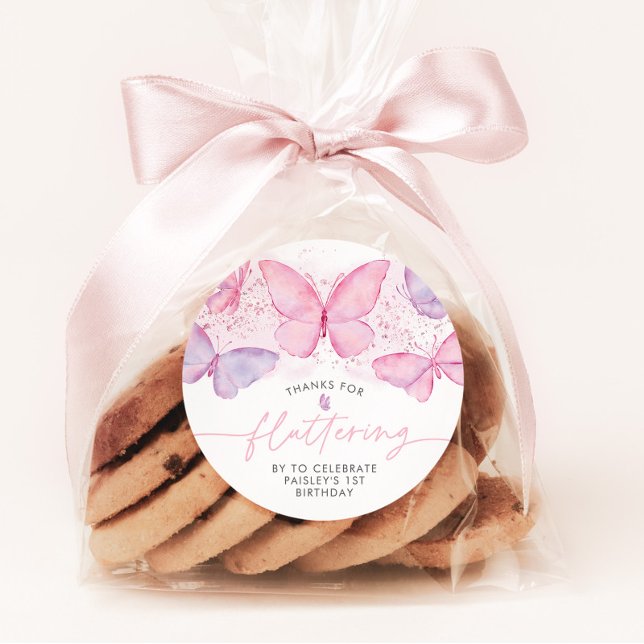 Butterfly 1st Birthday Girls Thank You Favor Classic Round Sticker (Creator Uploaded)