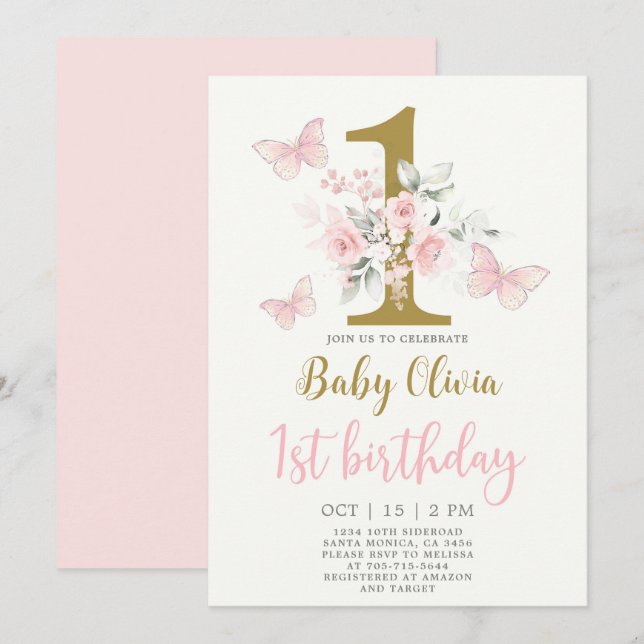 Butterfly 1st Birthday Invitation (Front/Back)
