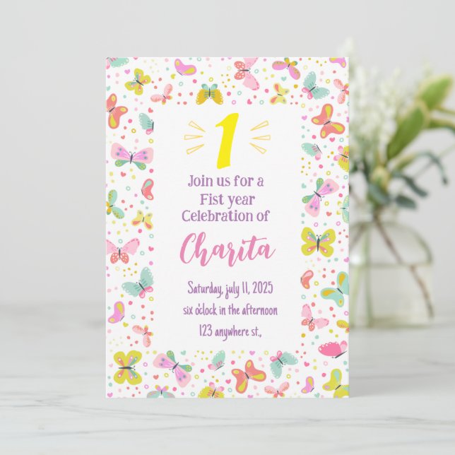 Butterfly 1st birthday invitation  (Standing Front)