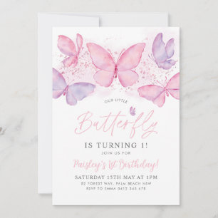 Butterfly 1st Birthday Invitation Pink Purple Girl