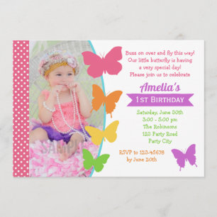 Butterfly 1st Birthday Invitation with Photo Girl