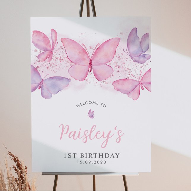 Butterfly 1st Birthday Pink Girl Welcome Sign (Creator Uploaded)