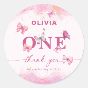 Butterfly 1st Birthday Pink Gold Dust Thank You  Classic Round Sticker