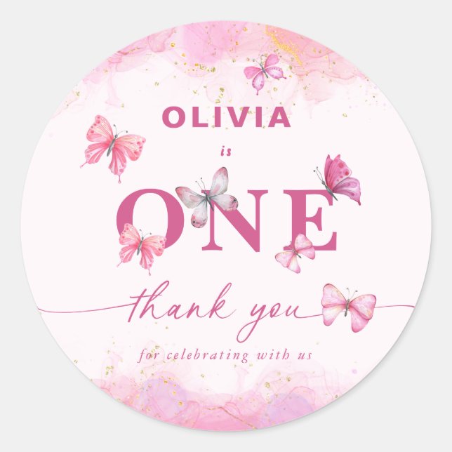 Butterfly 1st Birthday Pink Gold Dust Thank You  Classic Round Sticker (Front)