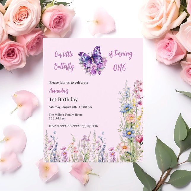 Butterfly 1st Birthday pink purple girl invitation (Creator Uploaded)