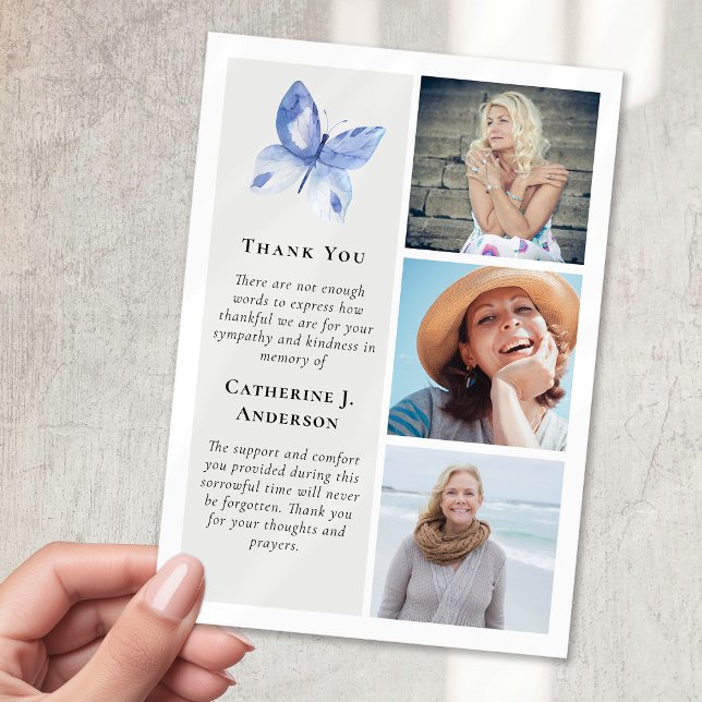 Butterfly 3 Photo Sympathy Funeral Thank You Card (Creator Uploaded)