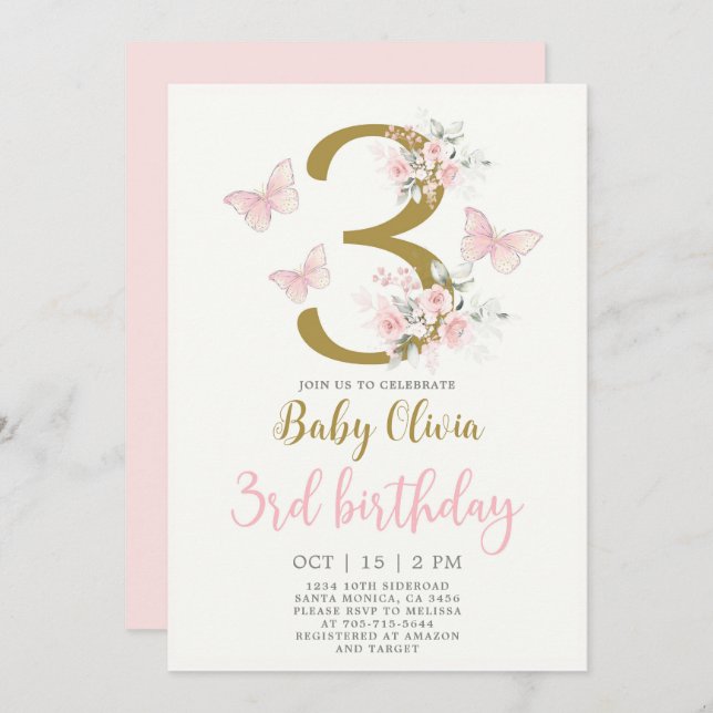 Butterfly 3rd Birthday Invitation (Front/Back)