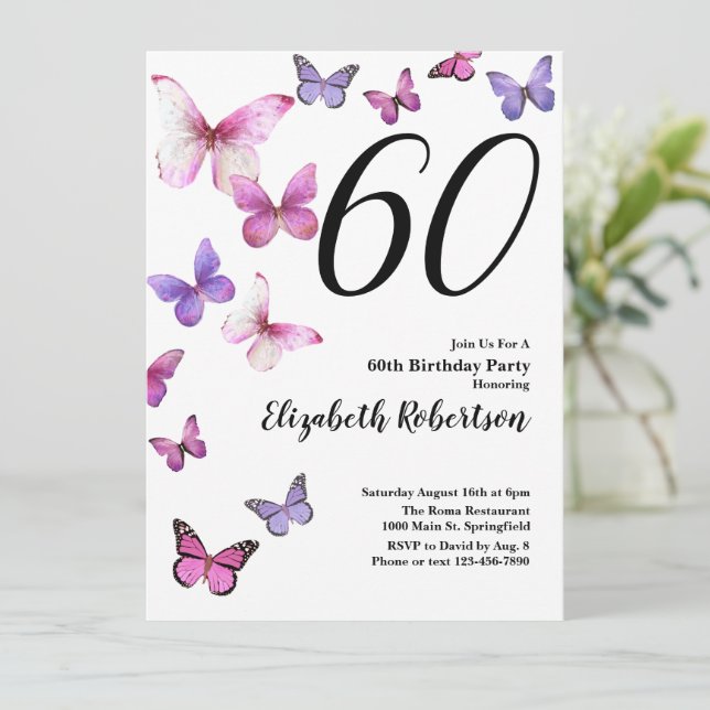 Butterfly 60th Birthday Invitation in Pink /Purple (Standing Front)