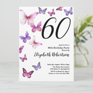 Butterfly 60th Birthday Invitation in Pink /Purple